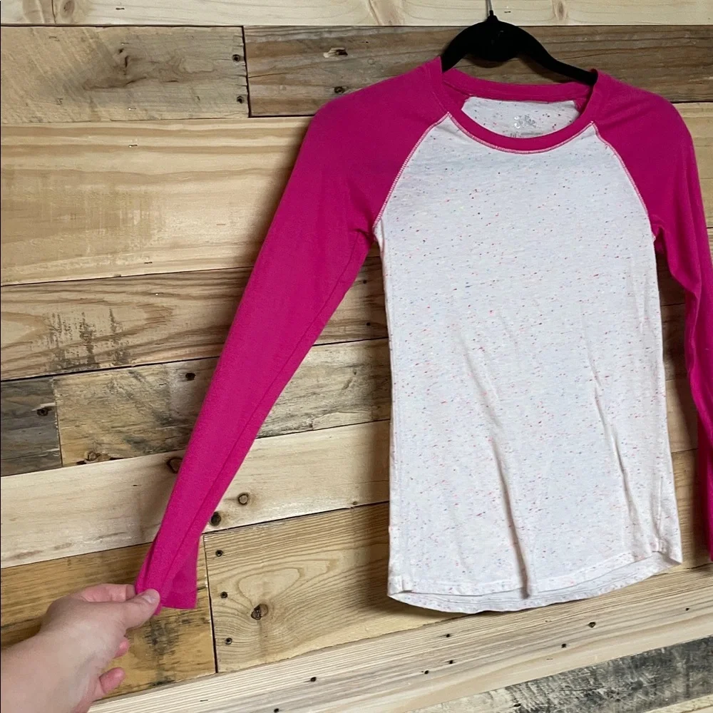 Justice size 10 Pink Sleeves with White Multi-color Speckled Soft Reagan T-shirt